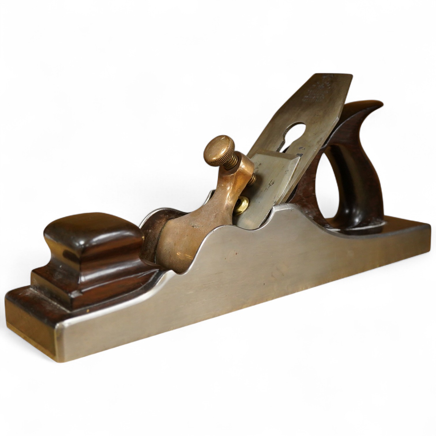 A Spiers dovetailed 14 1/2” panel plane, stamped with Spiers, Ayr to the brass lever cap and fitted with a Sorby iron, with rosewood infill